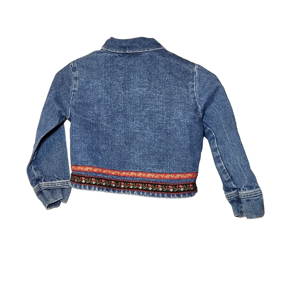 SWAT Blue Denim Jean Jacket Ribbon Trim Brass Button Front‎ Pockets Girls 6X